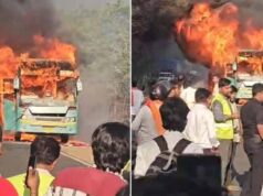 रीवा से सूरत जा रही बस में आग, इंदौर-भोपाल हाईवे पर मची अफरा-तफरी